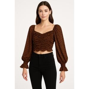 Michel‎ Top Womens Small Leopard Cropped Long Puff Sleeve Ruched Ruffle Cuffs